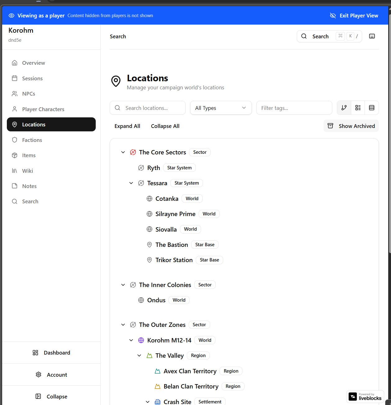 Locations page with hierarchical tree and player view mode